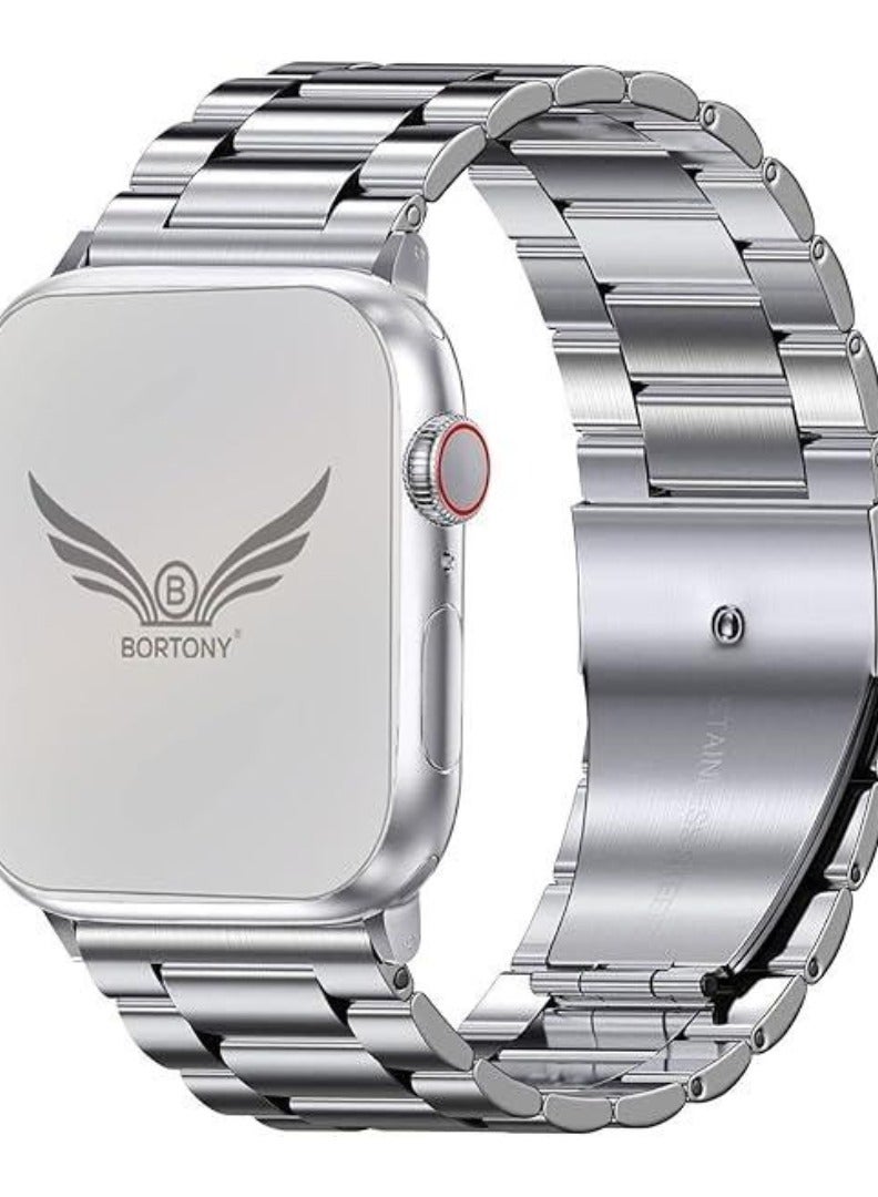 BORTONY Stainless Steel Watch Band Compatible with iWatch 42mm 44mm 45mm 49mm – Premium Metal Strap for Apple Watch Ultra, Series 8, 7, 6, 5, SE, SE2 – Elegant, Durable Replacement Band for Men and Women  Silver - Image 2