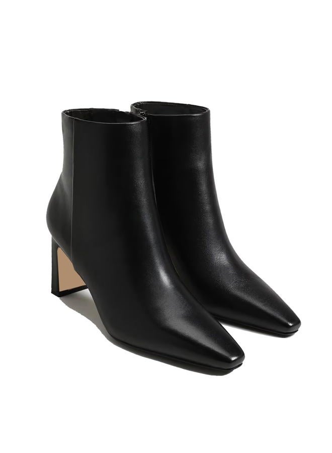 MICIFA Women's Ankle Boots Chunky Low Heel Square Toe Heeled Booties with Side Zipper Fall Winter Dress Short Boots, Leather Black, 7 - Image 1