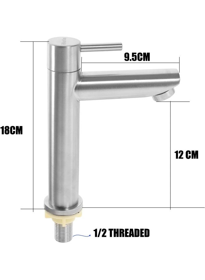 Biella G1/2 Stainless Steel Single Brushed Cold Water Tap Single Hole Faucet For Kitchen Bathroom And Washbasin Durable Single-Lever Sleek Lip Gloss Finish - Image 2