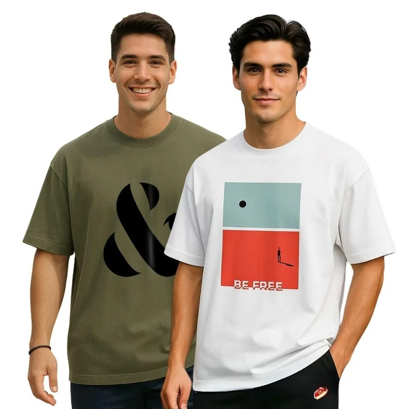 نوبيرو Men's Graphic Print Oversized Fit T-Shirt Pack of 2