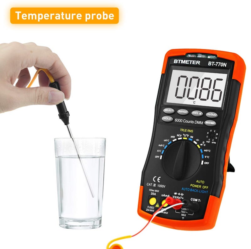 BTMETER BT-770N TRMS Auto Manual Ranging Multimeters, 6000 Counts Digital Multimeter AC DC Amp Ohm Volt Meter hFE LED Capacitor Tester to 99.99mF with Thermometer Backlit - Image 3
