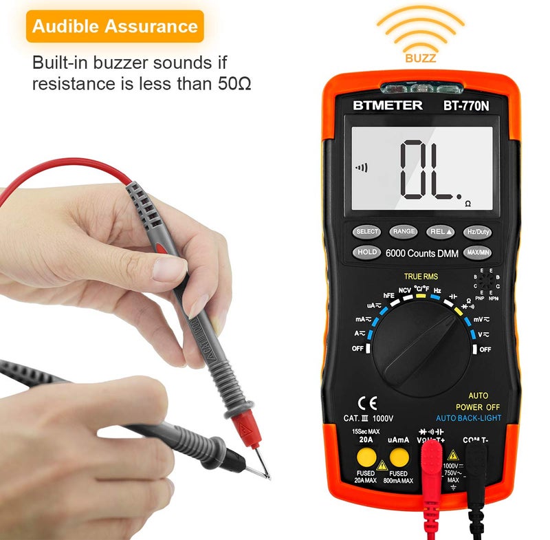 BTMETER BT-770N TRMS Auto Manual Ranging Multimeters, 6000 Counts Digital Multimeter AC DC Amp Ohm Volt Meter hFE LED Capacitor Tester to 99.99mF with Thermometer Backlit - Image 4
