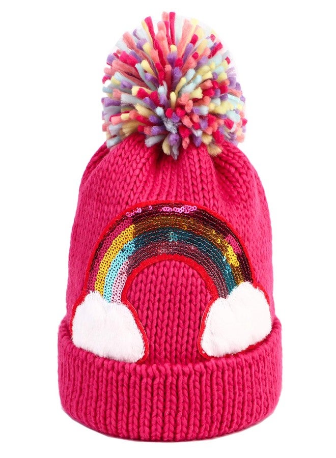 Newfancy Little Girls Winter Sequin Rainbow Beanie Hat with Pom Pom Knit Cap for Kids Baby Toddler, Purply Pink, One Size - Image 1