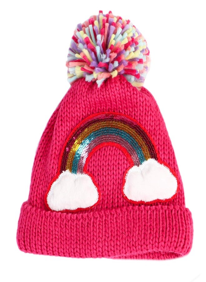 Newfancy Little Girls Winter Sequin Rainbow Beanie Hat with Pom Pom Knit Cap for Kids Baby Toddler, Purply Pink, One Size - Image 2