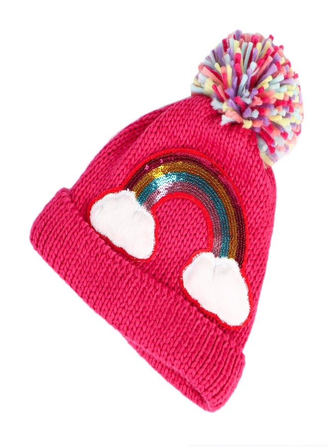 Newfancy Little Girls Winter Sequin Rainbow Beanie Hat with Pom Pom Knit Cap for Kids Baby Toddler, Purply Pink, One Size - Image 3