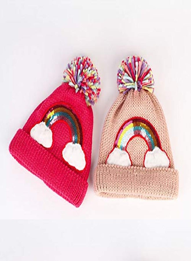 Newfancy Little Girls Winter Sequin Rainbow Beanie Hat with Pom Pom Knit Cap for Kids Baby Toddler, Purply Pink, One Size - Image 5