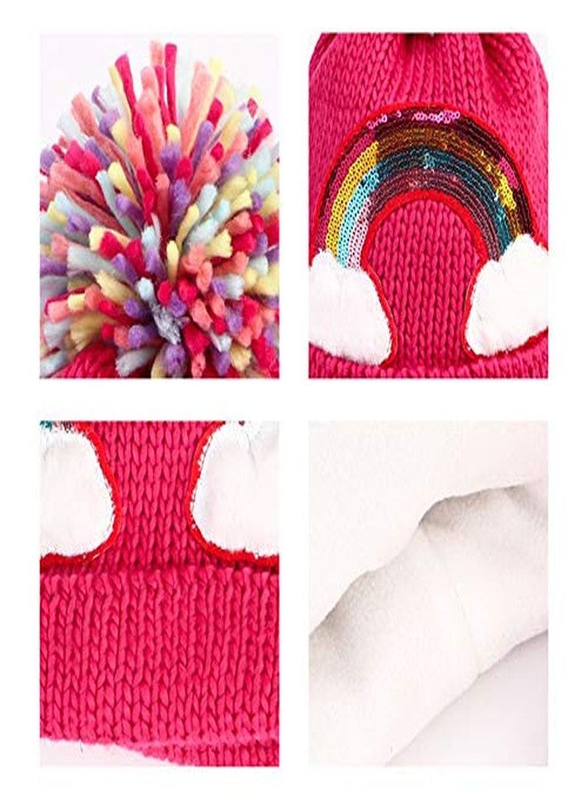 Newfancy Little Girls Winter Sequin Rainbow Beanie Hat with Pom Pom Knit Cap for Kids Baby Toddler, Purply Pink, One Size - Image 4