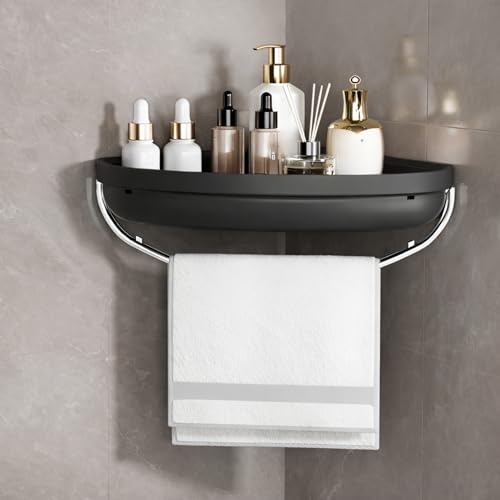 KREPS Bathroom Shelf Organizer,Self Adhesive No Drill Shower Shelf Easy Installation, Wall Mounted Shelf, with Towel Napkin Holder with Hook,Used for Bathroom and Kitchen (Black, Flat) - Image 1