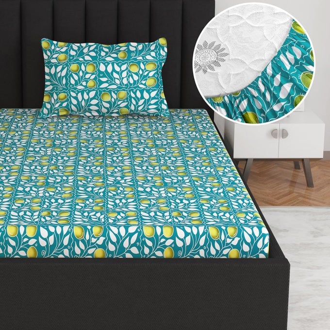 144 TC FLORAL BLUE 100 SINGLE BEDSHEET COTTON ELASTIC FITTED WITH 1 PILLOW COVER FOR BEDROOM 198 X 90 CM