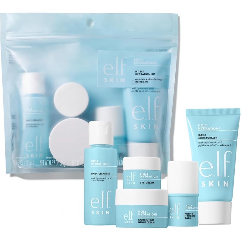 elf SKIN Jet Set Hydration Kit, Travel Friendly Hydrating Skincare Set, Face Cleanser, Balm, Moisturiser, Eye Cream and Night Cream, Vegan and Cruelty-Free - Image 1