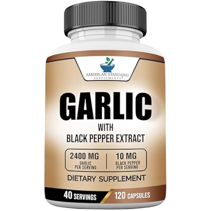 American Standard Supplements Garlic 2400mg Per Serving with Black Pepper Fruit Extract – Vegan, Gluten Free, Non-GMO, 120 Capsules, 40 Servings - Image 1