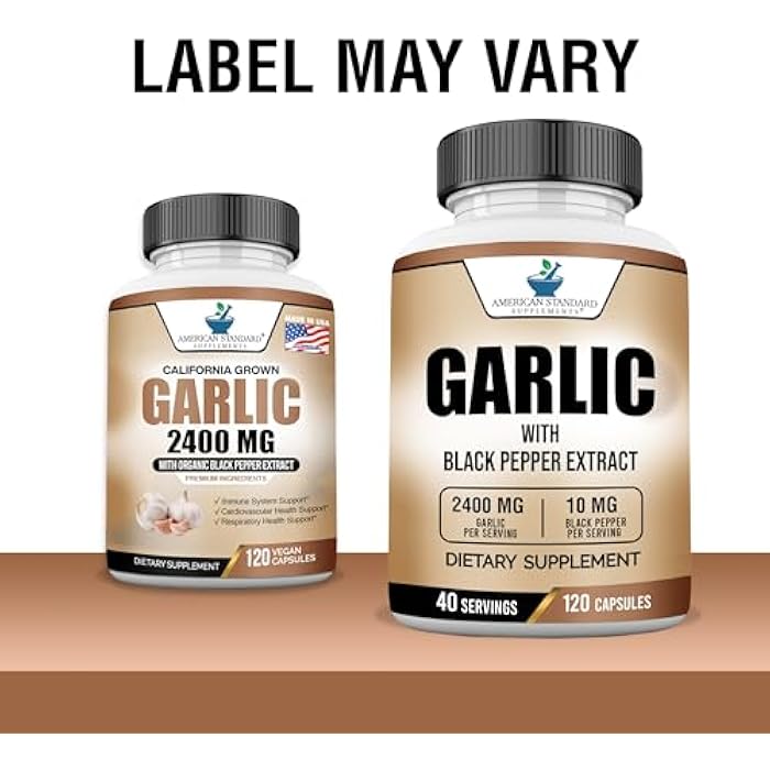 American Standard Supplements Garlic 2400mg Per Serving with Black Pepper Fruit Extract – Vegan, Gluten Free, Non-GMO, 120 Capsules, 40 Servings - Image 2