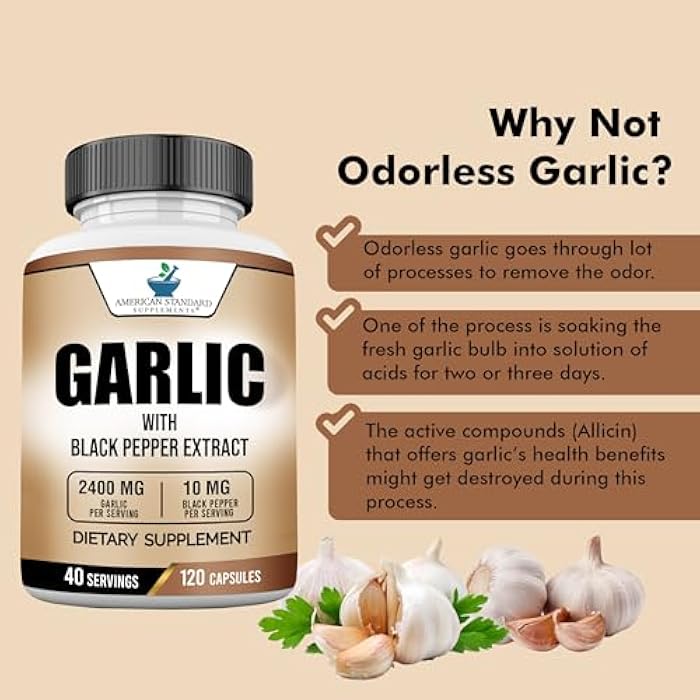 American Standard Supplements Garlic 2400mg Per Serving with Black Pepper Fruit Extract – Vegan, Gluten Free, Non-GMO, 120 Capsules, 40 Servings - Image 5