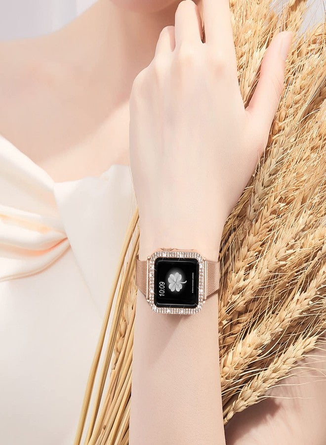 Joyozy Slim Stainless Steel Band Compatible with Apple Watch 38mm 40mm 41mm 42mm 44mm 45mm 46mm Milanese Strap with Bling Glitter Case and Screen Protector, Dressy Bracelet Band for Women (Rose gold 40mm) - Image 4