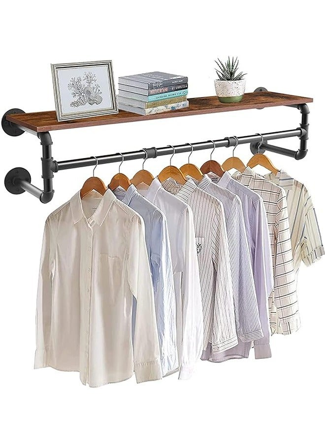 Wall Mounted Clothes Rack with Shelf Industrial Pipe Garment Rack with Shelves Black Display Hanging Clothes Rack Heavy Duty Metal Storage Bracket for Living Room Laundry Kitchen - Image 1