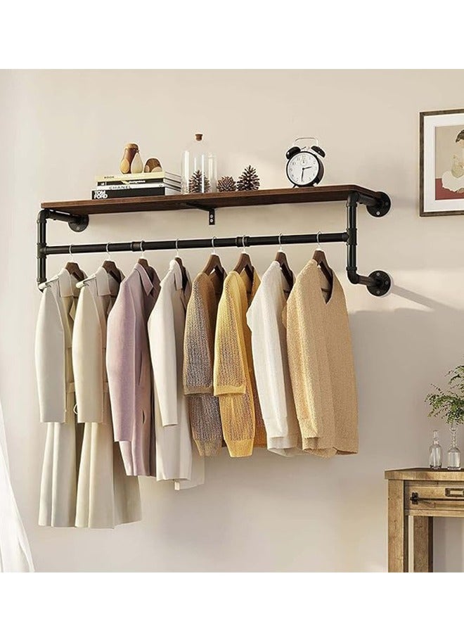 Wall Mounted Clothes Rack with Shelf Industrial Pipe Garment Rack with Shelves Black Display Hanging Clothes Rack Heavy Duty Metal Storage Bracket for Living Room Laundry Kitchen - Image 2