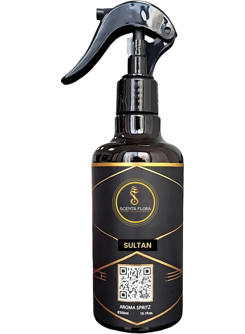 سينتا فلورا معطر الجو "سلطان" من SCENTA FLORA (بخاخ 300 مل) | معطر جو زيتي يدوم طويلاً وجاهز للاستخدام، مناسب للمكاتب، ودورات المياه، وغرف الملابس، والسيارات، والسجاد، والأقمشة مثل العبايات.