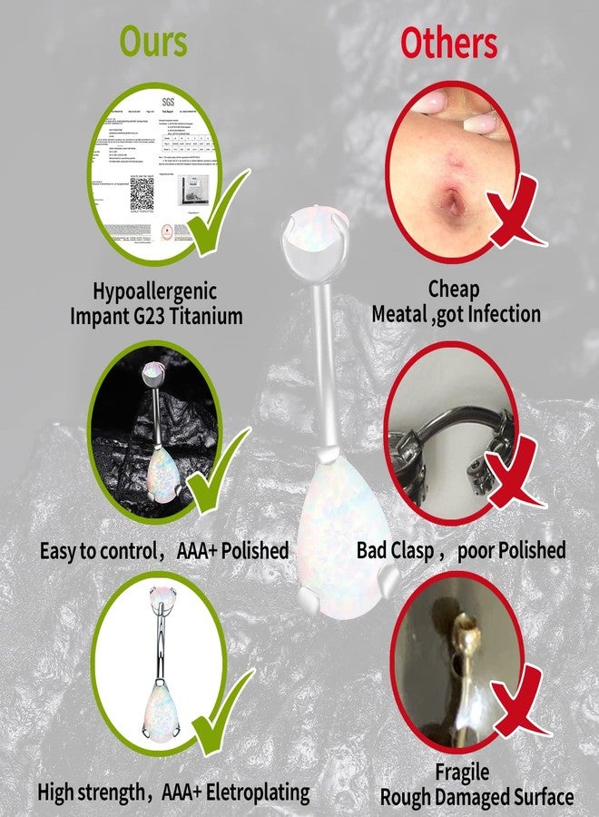 فوجو حلقات السرة من التيتانيوم VOJO G23، مرصعة بالزركون المكعب والأوبال، مضادة للحساسية، ملولبة، مقاس 14G، مرصعة بالألماس، مجوهرات ثقب السرة، حجر الميلاد للنساء (أوبال أبيض على شكل دمعة، مقاس 14G، 5 مم + 8 مم). - Image 3