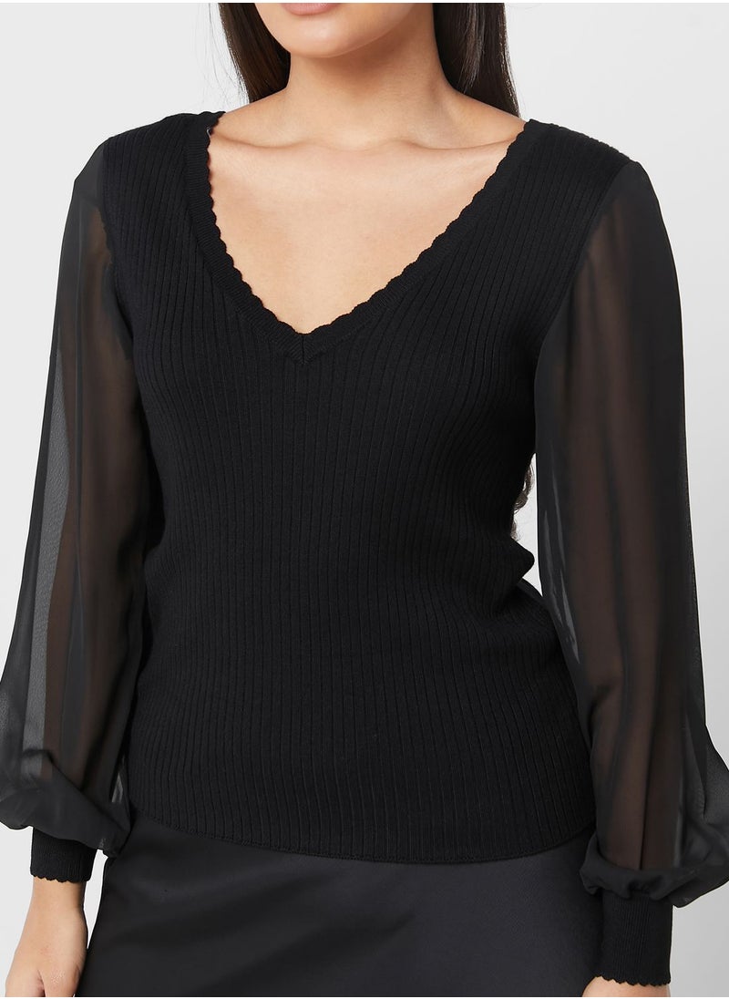 ONLY - V-Neck Mesh Sleeve Sweater - Image 1