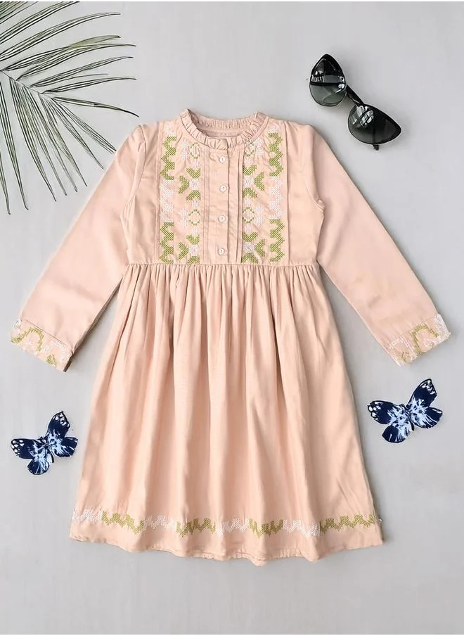 بيلا مودا Bella Moda Embroidered 3/4 Sleeves Cotton Dress with Button Front