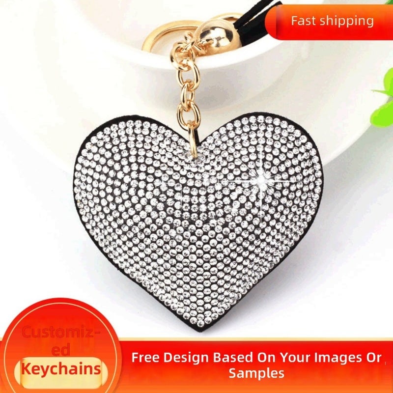Small fragrance peach heart hot drill leather keychain fringe keychain pendant velvet diamond  keychain - Image 1