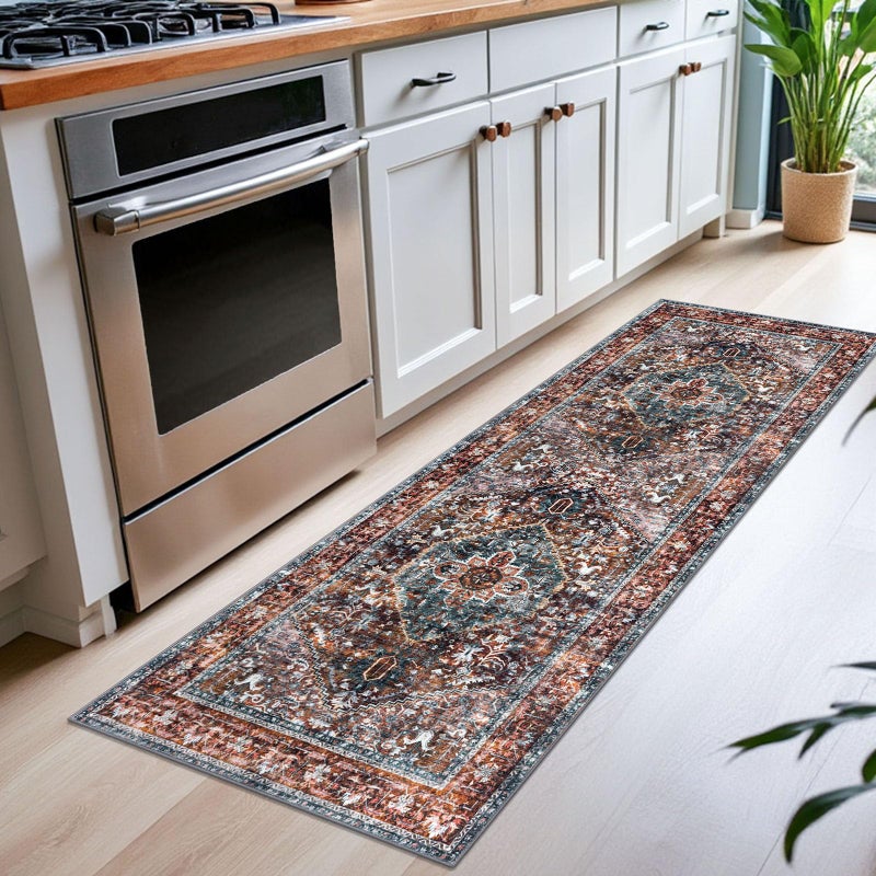 KOZYFLY Runners for Hallways 2x6 Ft Washable Kitchen Runner Rug Boho Runner Rug for Entryway Indoor Printed Oriental Faux Wool Floor Carpet Runner for Bedroom Kitchen Hall, Brick Red/Orange/Green - Image 2