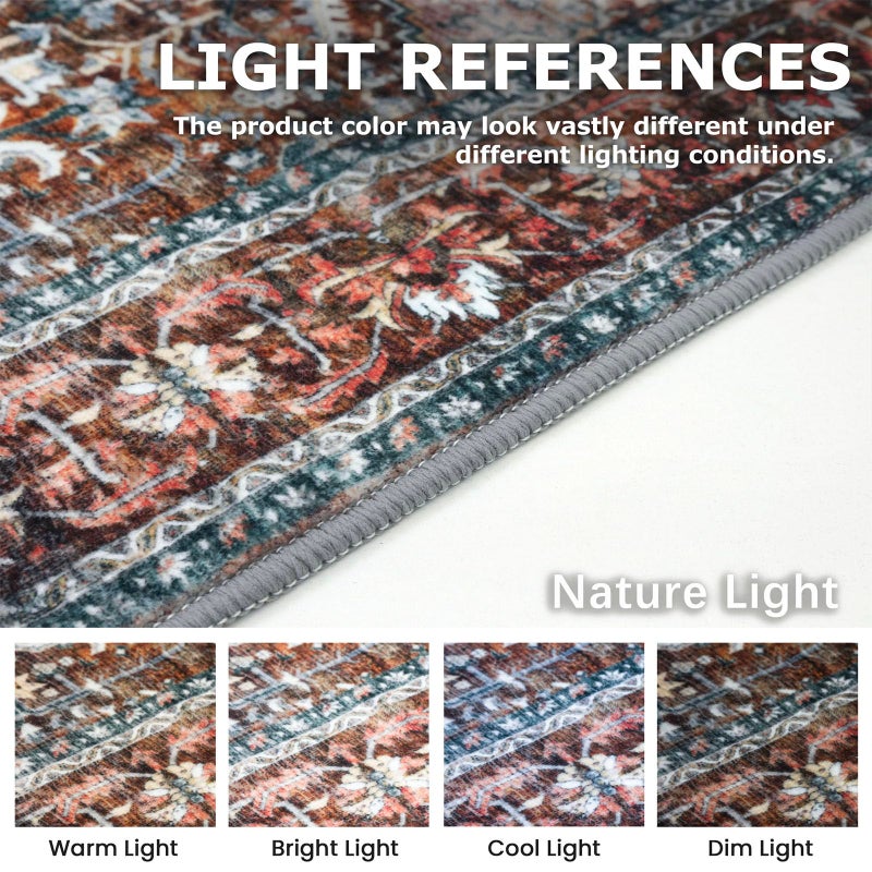 KOZYFLY Runners for Hallways 2x6 Ft Washable Kitchen Runner Rug Boho Runner Rug for Entryway Indoor Printed Oriental Faux Wool Floor Carpet Runner for Bedroom Kitchen Hall, Brick Red/Orange/Green - Image 4