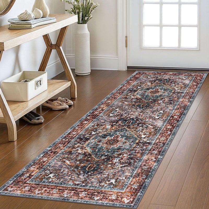 KOZYFLY Runners for Hallways 2x6 Ft Washable Kitchen Runner Rug Boho Runner Rug for Entryway Indoor Printed Oriental Faux Wool Floor Carpet Runner for Bedroom Kitchen Hall, Brick Red/Orange/Green - Image 1