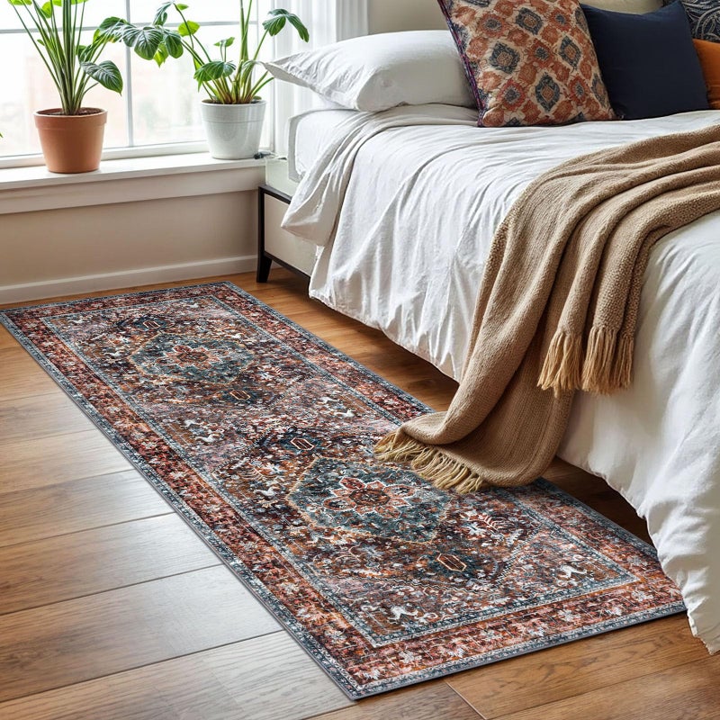 KOZYFLY Runners for Hallways 2x6 Ft Washable Kitchen Runner Rug Boho Runner Rug for Entryway Indoor Printed Oriental Faux Wool Floor Carpet Runner for Bedroom Kitchen Hall, Brick Red/Orange/Green - Image 3