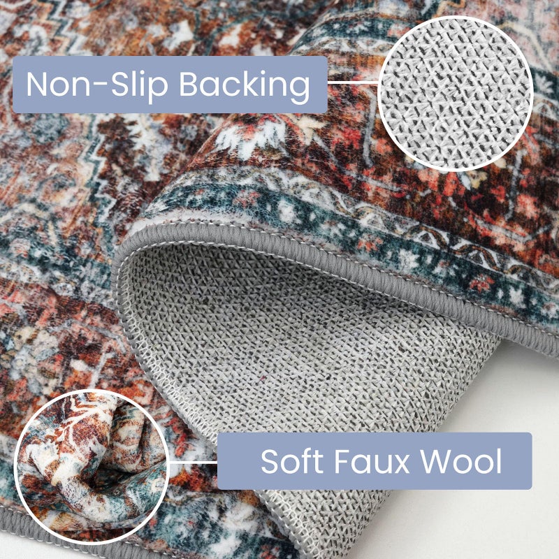 KOZYFLY Runners for Hallways 2x6 Ft Washable Kitchen Runner Rug Boho Runner Rug for Entryway Indoor Printed Oriental Faux Wool Floor Carpet Runner for Bedroom Kitchen Hall, Brick Red/Orange/Green - Image 5