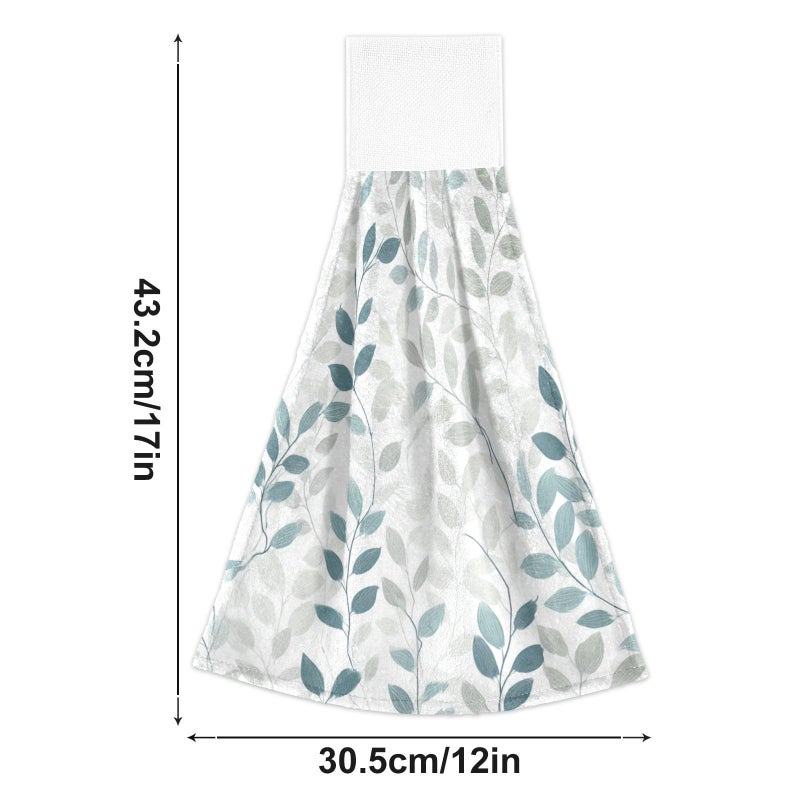 Dussdil Blue Gray Leaves Branches Hanging Kitchen Towel 12 x 17 in Gray Leaf Flowers Hand Fingertip Tie Towels Set of 2 Pcs Tea Bar Dish Cloths Dry Towel Soft Absorbent Durable for Laundry Room Decor - Image 2