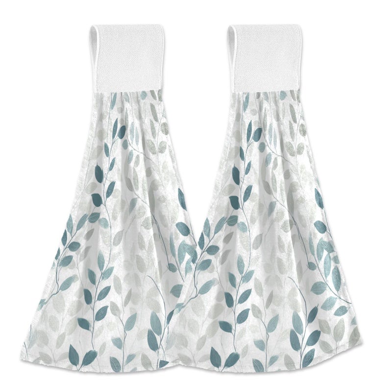 Dussdil Blue Gray Leaves Branches Hanging Kitchen Towel 12 x 17 in Gray Leaf Flowers Hand Fingertip Tie Towels Set of 2 Pcs Tea Bar Dish Cloths Dry Towel Soft Absorbent Durable for Laundry Room Decor - Image 1