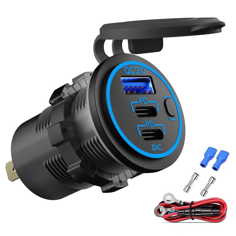 Hapytrip 12V USB Outlet Wire USB Charger Multi Port, Dual PD3.0 USB-C and Quick Charge3.0 Car Port Socket with Power Switch, Fast Charge for Phone lPad Android Phones, Suitable for Car Boat RV Marine ATV - Image 1