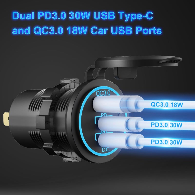 Hapytrip 12V USB Outlet Wire USB Charger Multi Port, Dual PD3.0 USB-C and Quick Charge3.0 Car Port Socket with Power Switch, Fast Charge for Phone lPad Android Phones, Suitable for Car Boat RV Marine ATV - Image 2