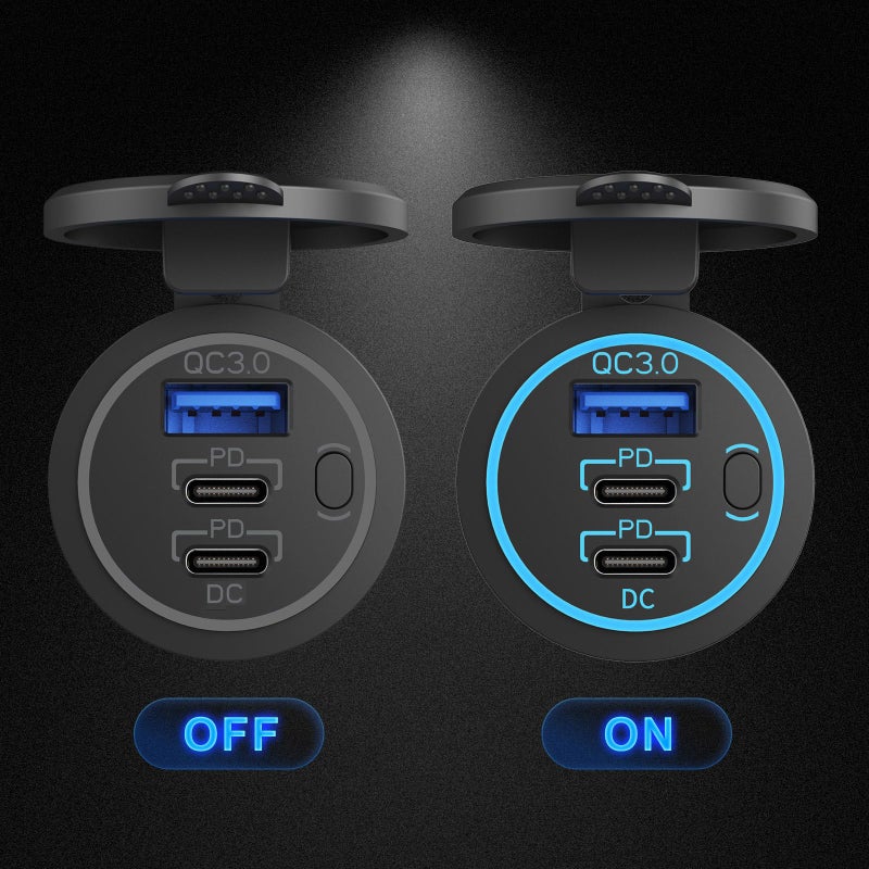 Hapytrip 12V USB Outlet Wire USB Charger Multi Port, Dual PD3.0 USB-C and Quick Charge3.0 Car Port Socket with Power Switch, Fast Charge for Phone lPad Android Phones, Suitable for Car Boat RV Marine ATV - Image 4