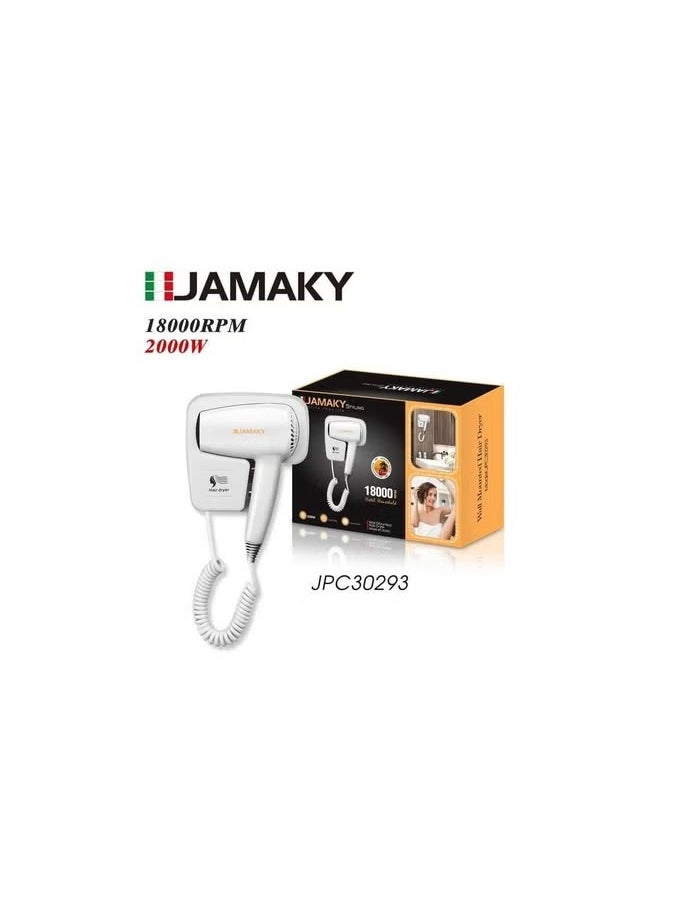 JAMAKY Italy Jamaki 2000W Non-Perforated Wall Mounted High Power Fast Drying Negative Ions Hair Dryer for Hotels, Guest Houses, Home Bathrooms - JPC30293 White  - Image 2