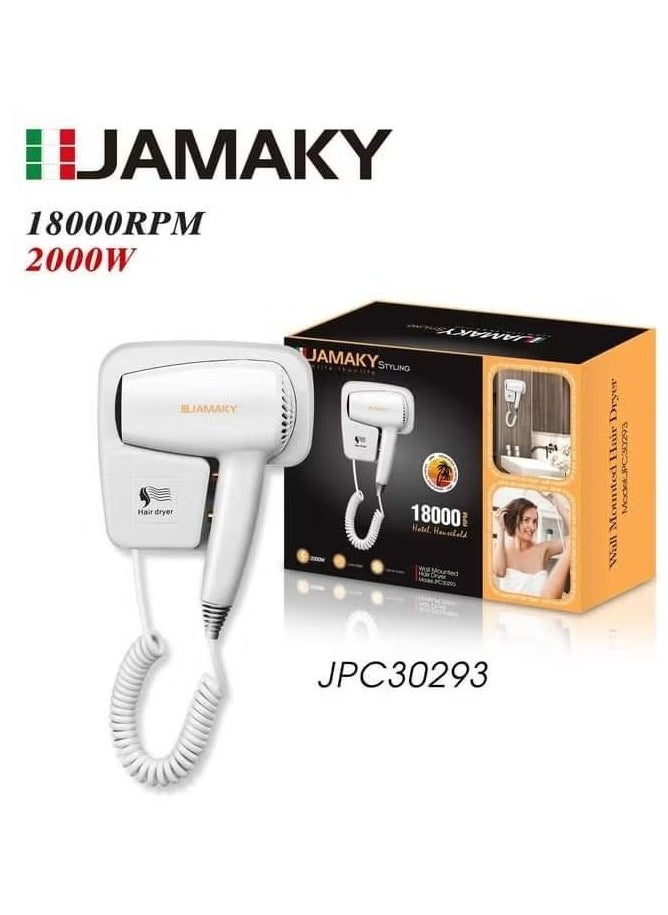 JAMAKY Italy Jamaki 2000W Non-Perforated Wall Mounted High Power Fast Drying Negative Ions Hair Dryer for Hotels, Guest Houses, Home Bathrooms - JPC30293 White  - Image 1