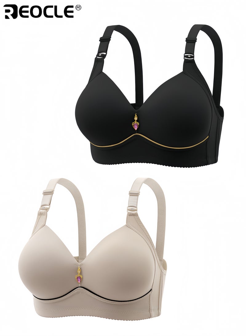 REOCLE 2PCS Women's Comfortable Wireless Bra Push Up Design Breathable Thin Cup Lingerie with Soft Padding for All Day Wear and Light Support