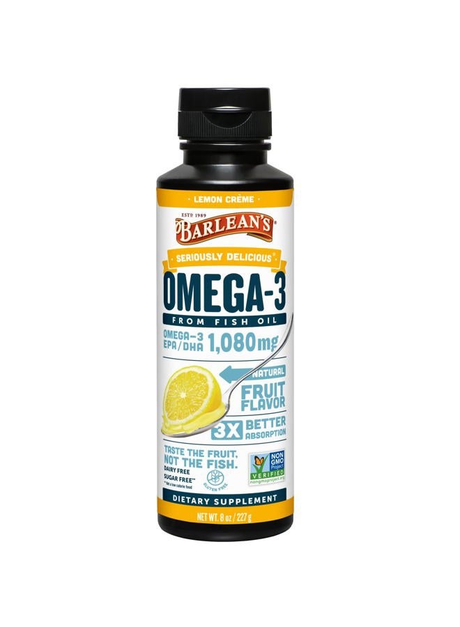 BARLEAN'S Lemon Crème Omega 3 Fish Oil Liquid Supplement, 1080mg of Omega 3 EPA & DHA Fatty Acid, Smoothie Flavored & Burpless for Brain, Joint, & Heart Health, 8 oz - Image 1