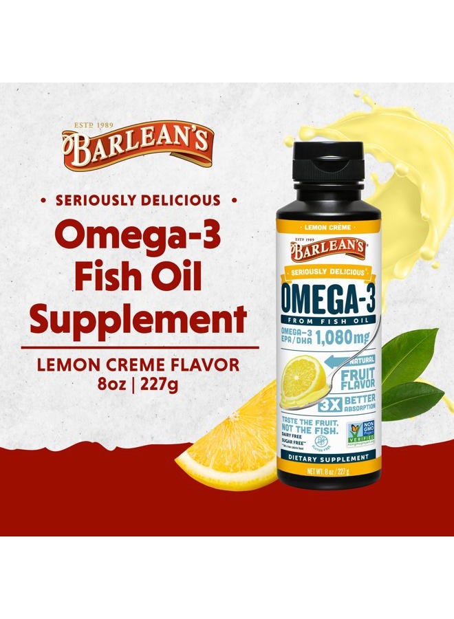BARLEAN'S Lemon Crème Omega 3 Fish Oil Liquid Supplement, 1080mg of Omega 3 EPA & DHA Fatty Acid, Smoothie Flavored & Burpless for Brain, Joint, & Heart Health, 8 oz - Image 2