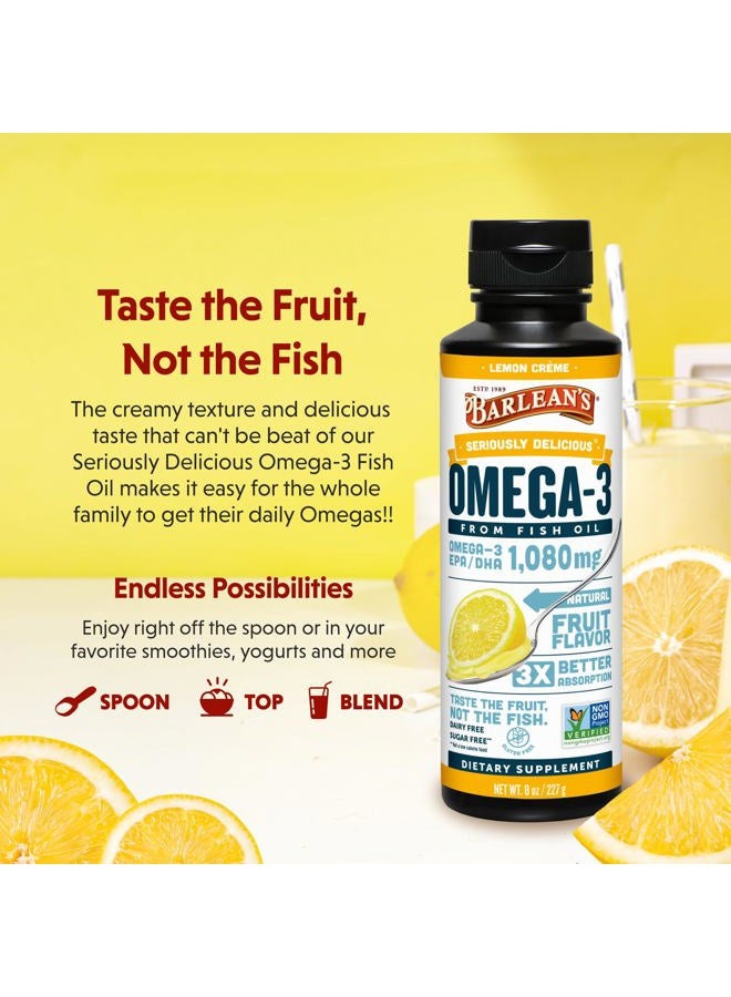 BARLEAN'S Lemon Crème Omega 3 Fish Oil Liquid Supplement, 1080mg of Omega 3 EPA & DHA Fatty Acid, Smoothie Flavored & Burpless for Brain, Joint, & Heart Health, 8 oz - Image 3