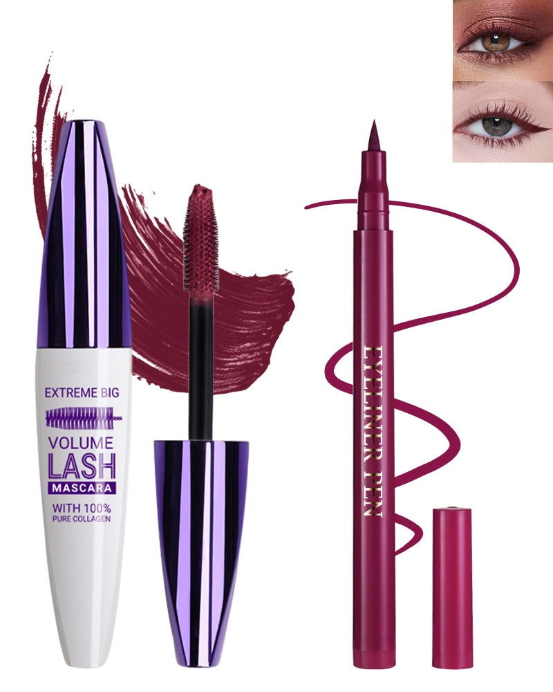 Lestpola Burgundy Waterproof Mascara & Eyeliner, 5D Silk Fiber Lash Extension Colored Tube Mascara Volume and Length,Long-Lasting Smudge-Proof Volumizing Colorful MÃ¡scara & Liquid Eyeliner Pen Set for Women - Image 1