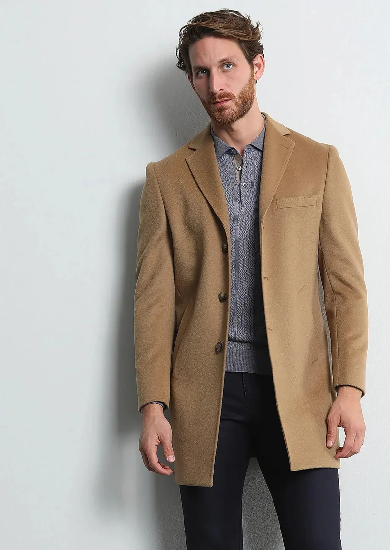 RAMSEY Buff Regular Fit Butterfly Collar Classical Weaving Overcoat