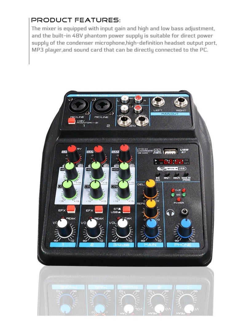 4 Channel Mixer, DJ Mixing Console, with Bluetooth, 48V Phantom Power Monitor Karaoke System USB Mixer Audio - Image 1