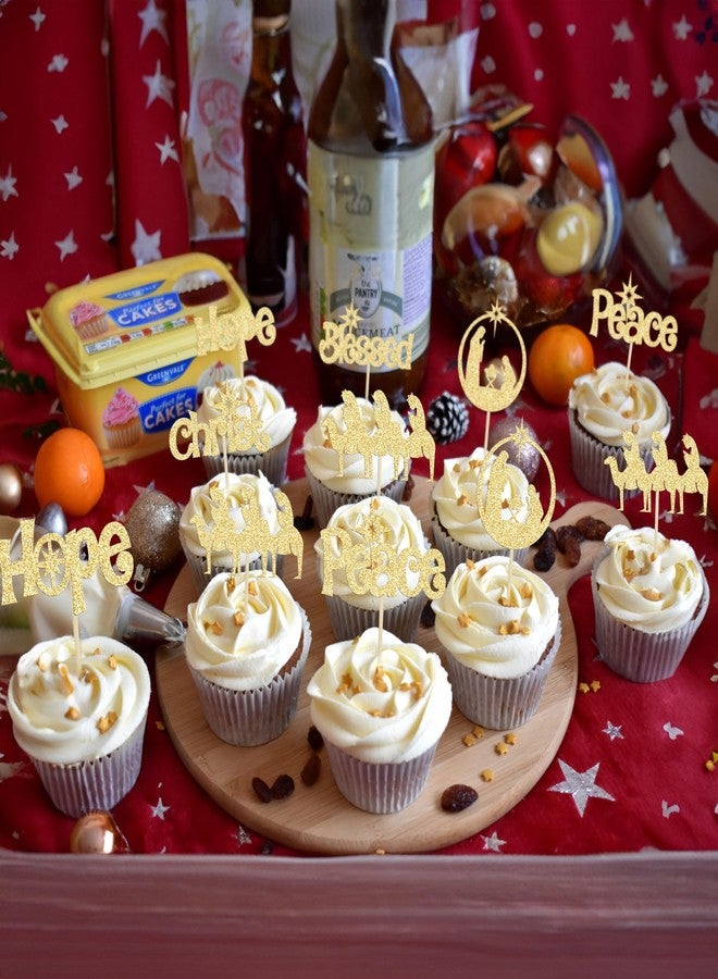 Ephlyn 24pcs Jesus Christmas Cupcake Toppers - Peace Hope Christ Blessed Cupcake Picks - Gold Christmas Cake Decorations - Image 4