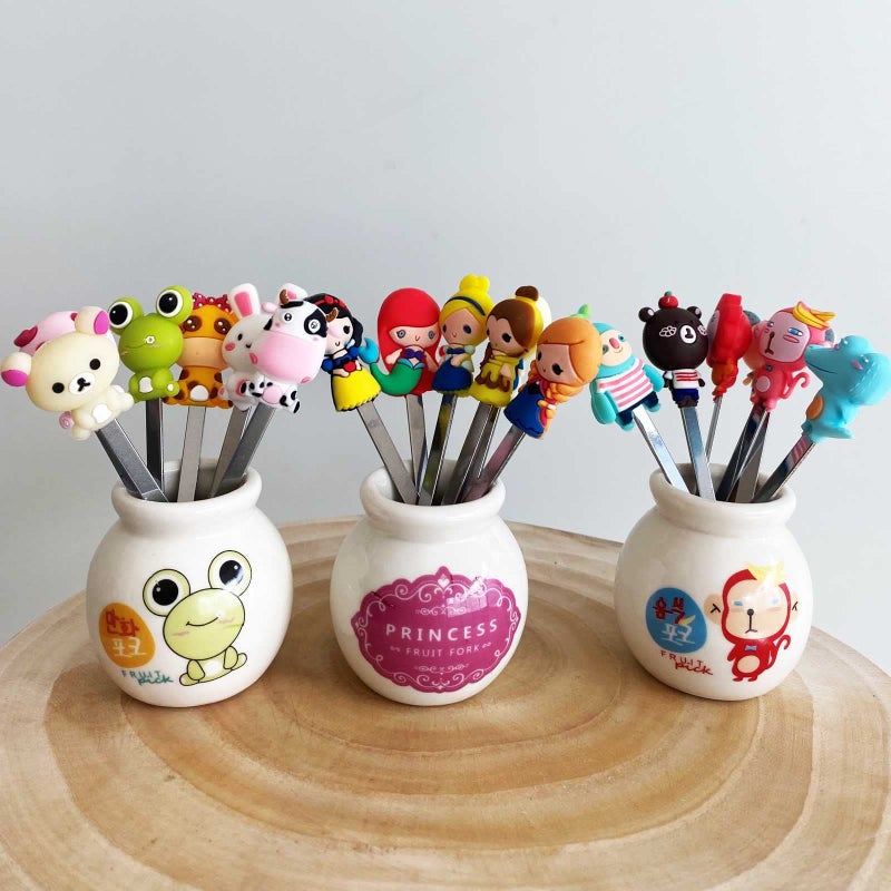 HENWAFX Fruit Fork  Cute Set of 6 Fruit Forks with Holder Stainless Steel Food Pick Forks for Kids Home (Cartoon+ fairy princess+Romani) - Image 1