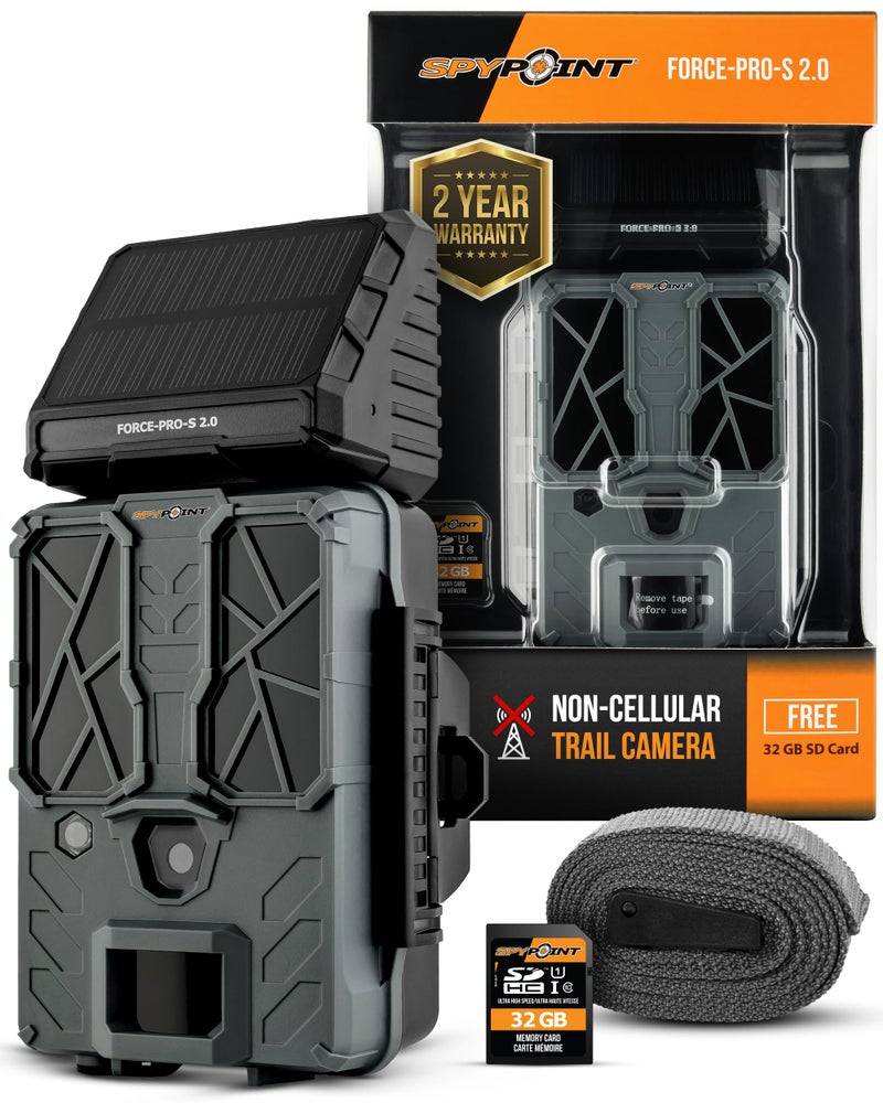 SPYPOINT ForcePROS 20 Solar Trail Camera NonCellular Integrated Solar Panel 02S Trigger Speed110 ft Detection Range 4K2K1080p Video Modes 48MP Photos Internal Battery Supply