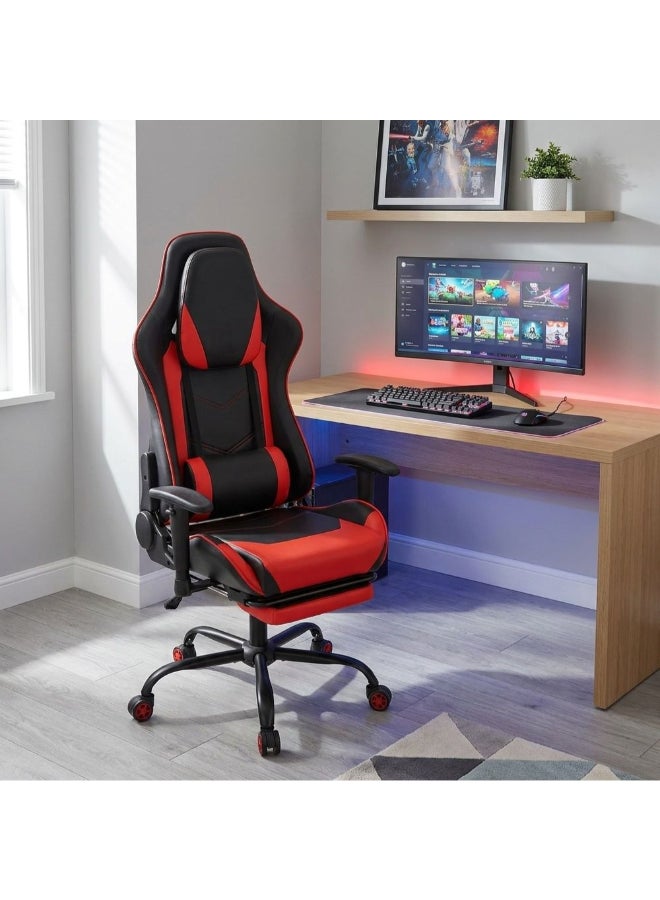 DANUBE HOME Belanda Gaming Chair with Footrest - Ergonomic Black/Red Gaming Chair for Game Room Furniture - Metal Frame & Faux Leather Upholstery - Size: L71xW77.5xH126-136cm - Image 1