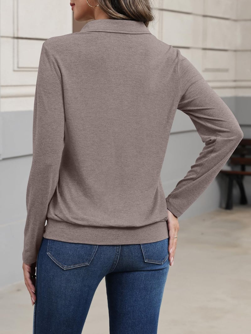 TICTICMISS Womens Polo Shirts Long Sleeve Banded Bottom Tops Business Casual Tops Collared V Neck Blouses - Image 3