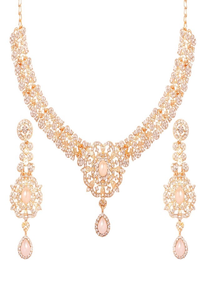 Touchstone Indian Bollywood Desire Enchanting Floral Studded Look White Rhinestones Faux Pearls Bridal Designer Jewelry Necklace Set In Gold Tone For Women.